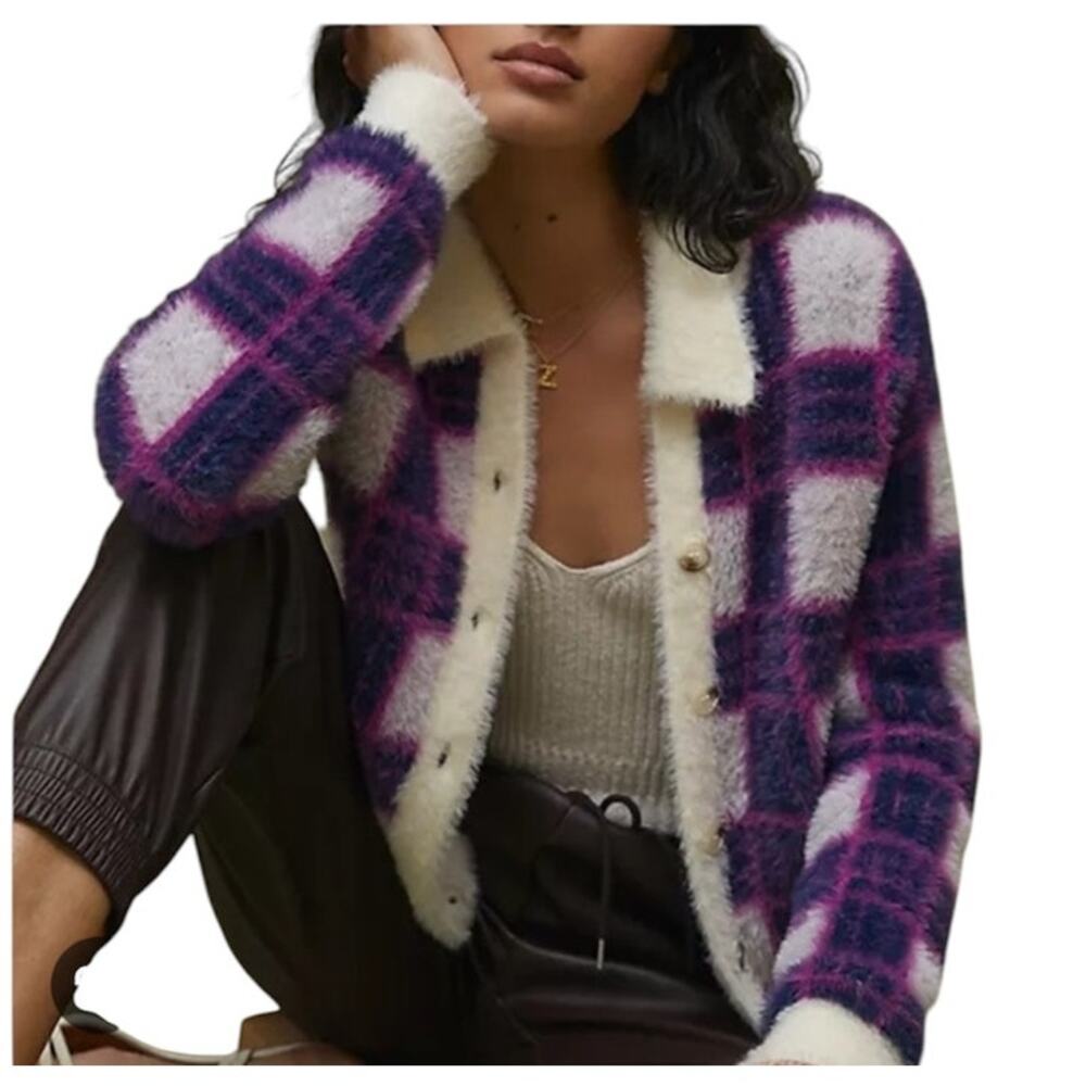 Greylin Plaid Fuzzy Cardigan Womens XS Purple Soft NEW Coquette